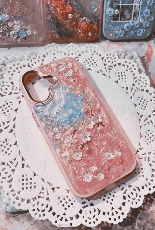 1 (11) Handmade Epoxy Resin Phone Case with 3D Butterfly & Rose Flowers - Pink Blue Ombre Glitter Shockproof TPU Cover Compatible with iPhone Series