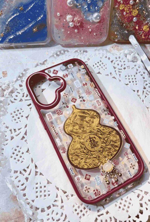 1 (13) Handmade Fortune Gourd Resin Phone Case - Chinese Lucky Character & "Get Rich" Design, Shockproof TPU Cover Compatible with iPhone Series