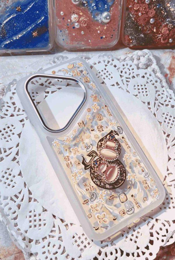 Handmade Lucky Gourd Resin Phone Case - Chinese Fortune & Wealth Symbols with Pink Cat's Eye, Shockproof TPU Cover Compatible with Huawei / iPhone Series