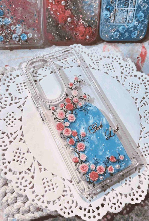 1 (15) Aesthetic Good Luck Resin Case - Handcrafted Blue Marble with Pink Rose Vines & Pearl Bezel, Anti-Scratch Protective Cover for Smartphones/ iPhone Series