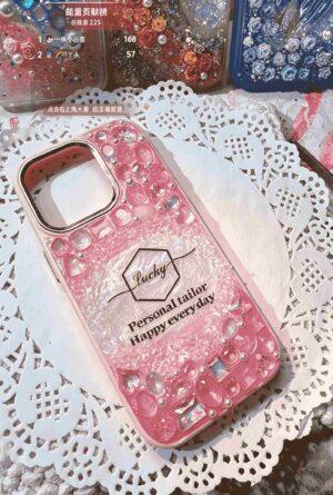 Handmade Pink Gradient Resin Phone Case with 3D Rhinestones & "Lucky" Lettering, Shockproof TPU Cover Compatible with iPhone Series