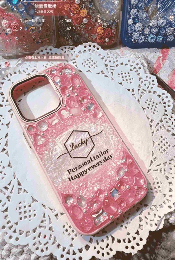 1 (16) Handmade Pink Gradient Resin Phone Case with 3D Rhinestones & "Lucky" Lettering, Shockproof TPU Cover Compatible with iPhone Series