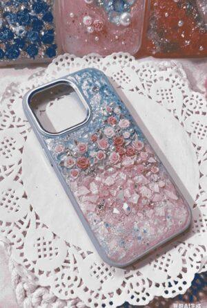 1 (17) Handmade Resin Phone Case with Blue-Pink Ombre Glitter & 3D Roses, Shockproof TPU Cover Compatible with iPhone Series