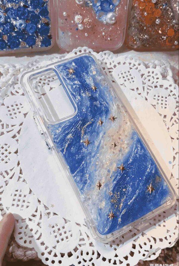 1 (19) Handmade Galaxy Resin Phone Case with Blue Swirl & Gold Star Accents, Shockproof Clear TPU Cover Compatible with Samsung / Huawei Series