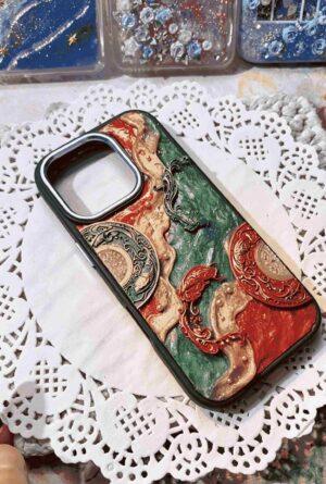 3D Embossed Dragon & Phoenix Resin Phone Case, Chinese Ancient Totem with Red-Green-Gold Watercolor, Slim Shockproof Case for iPhone