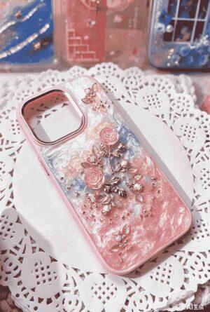 1 (25) Handmade Pink-Blue Gradient Resin Phone Case with 3D Rose & Gold Leaves, Shockproof TPU Cover Compatible with iPhone Series