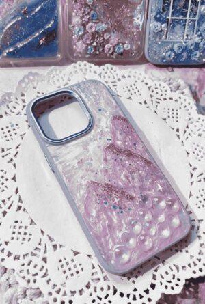 Handmade Pink-Blue Gradient Resin Phone Case with 3D Rose & Gold Leaves, Shockproof TPU Cover Compatible with iPhone Series