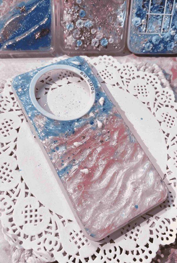 1 (6) Handmade Ocean Resin Phone Case, Pink Blue Gradient Glitter Wave with 3D Seashell, Shockproof TPU Cover Compatible with Huawei Mate Series