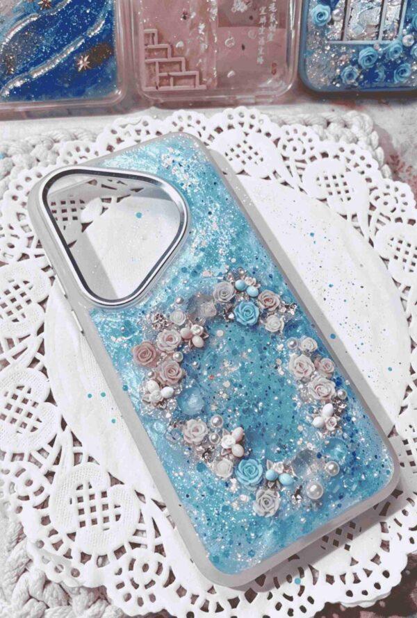 1 (7) Handmade Resin Phone Case with 3D Floral Wreath - Blue Iridescent Glitter Shockproof TPU Cover Compatible with Huawei / iPhone Series