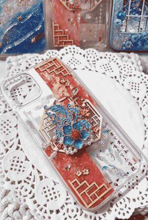 Handmade Chinese Style Resin Phone Case - Ancient Window & Enamel Flower Design, Shockproof TPU Cover Compatible with iPhone Series